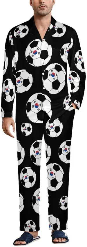 Korea Soccer 2 PCS Men Pajama Set Long Sleeve Button-down Shirts Tops & Sleep Pants Loungewear