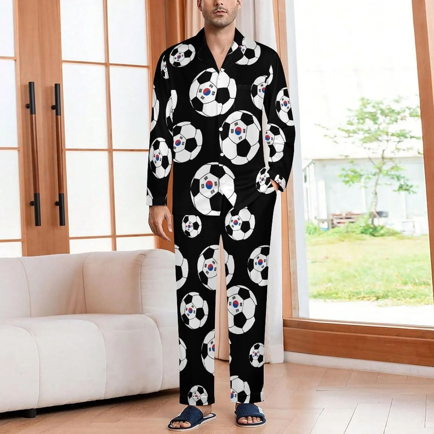 Korea Soccer 2 PCS Men Pajama Set Long Sleeve Button-down Shirts Tops & Sleep Pants Loungewear