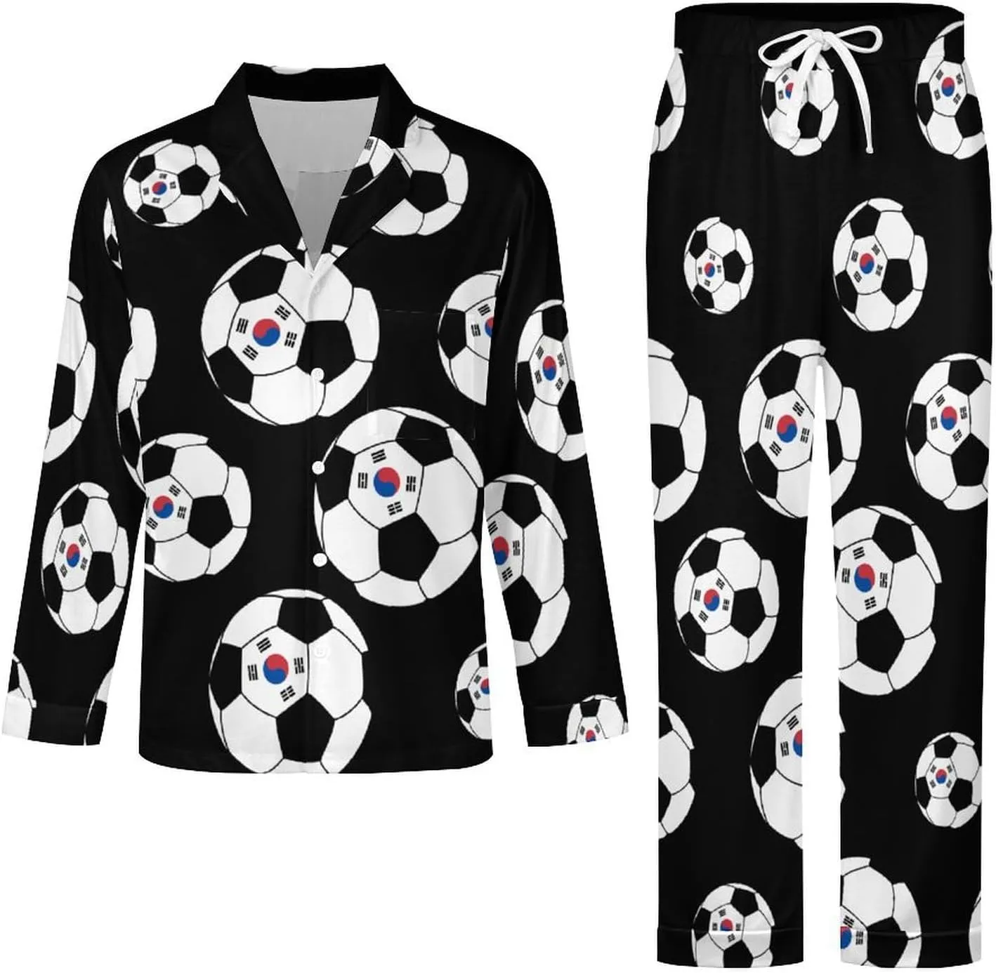 Korea Soccer 2 PCS Men Pajama Set Long Sleeve Button-down Shirts Tops & Sleep Pants Loungewear