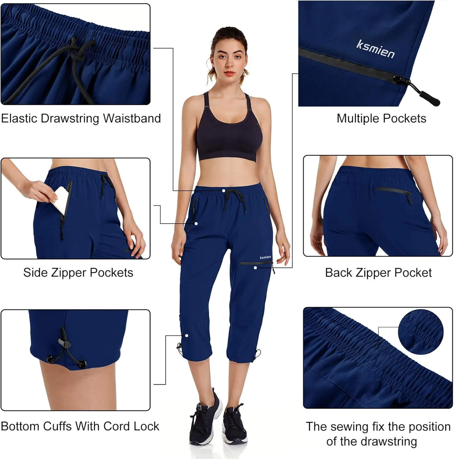 Ksmien Women's Lightweight Hiking Capri Pants Quick Dry Workout Cargo Capris Water Resistant UPF 50  Zipped Pockets