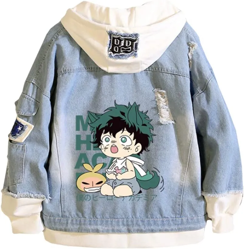Kvikci Anime Jacket Cosplay Hooded Sweatshirt Men Fake Two Jeans Jacket Coat