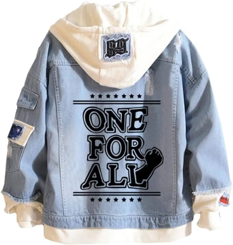 Kvikci Anime Jacket Cosplay Hooded Sweatshirt Men Fake Two Jeans Jacket Coat