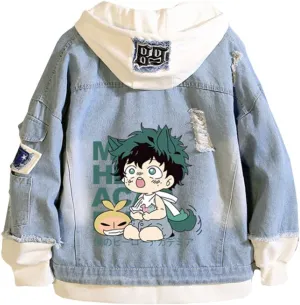 Kvikci Anime Jacket Cosplay Hooded Sweatshirt Men Fake Two Jeans Jacket Coat