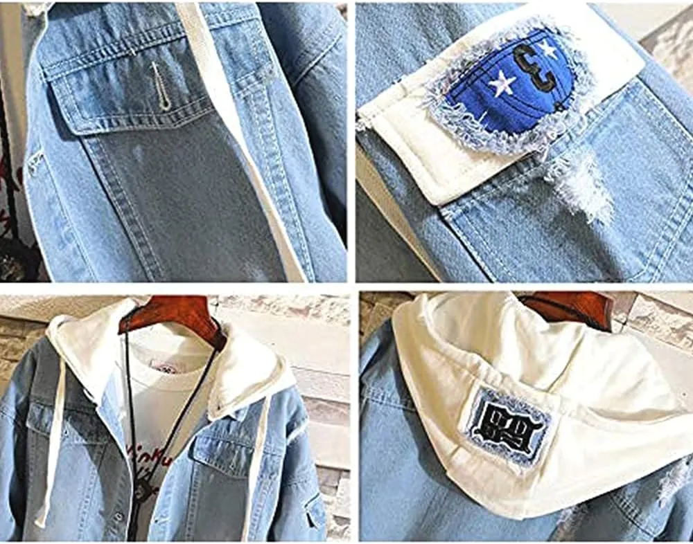 Kvikci Anime Jacket Cosplay Hooded Sweatshirt Men Fake Two Jeans Jacket Coat
