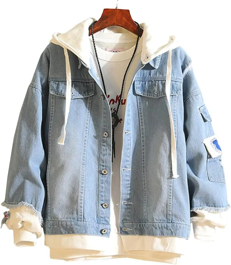Kvikci Anime Jacket Cosplay Hooded Sweatshirt Men Fake Two Jeans Jacket Coat