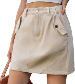 LAFOURAM Womens Denim Skirt Summer with Pockets A Line High Waisted Casual Cargo Mini Jean Skirts