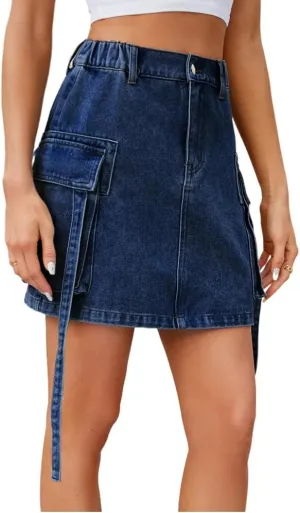 LAFOURAM Womens Denim Skirt Summer with Pockets A Line High Waisted Cowgirl Cargo Mini Jean Skirts