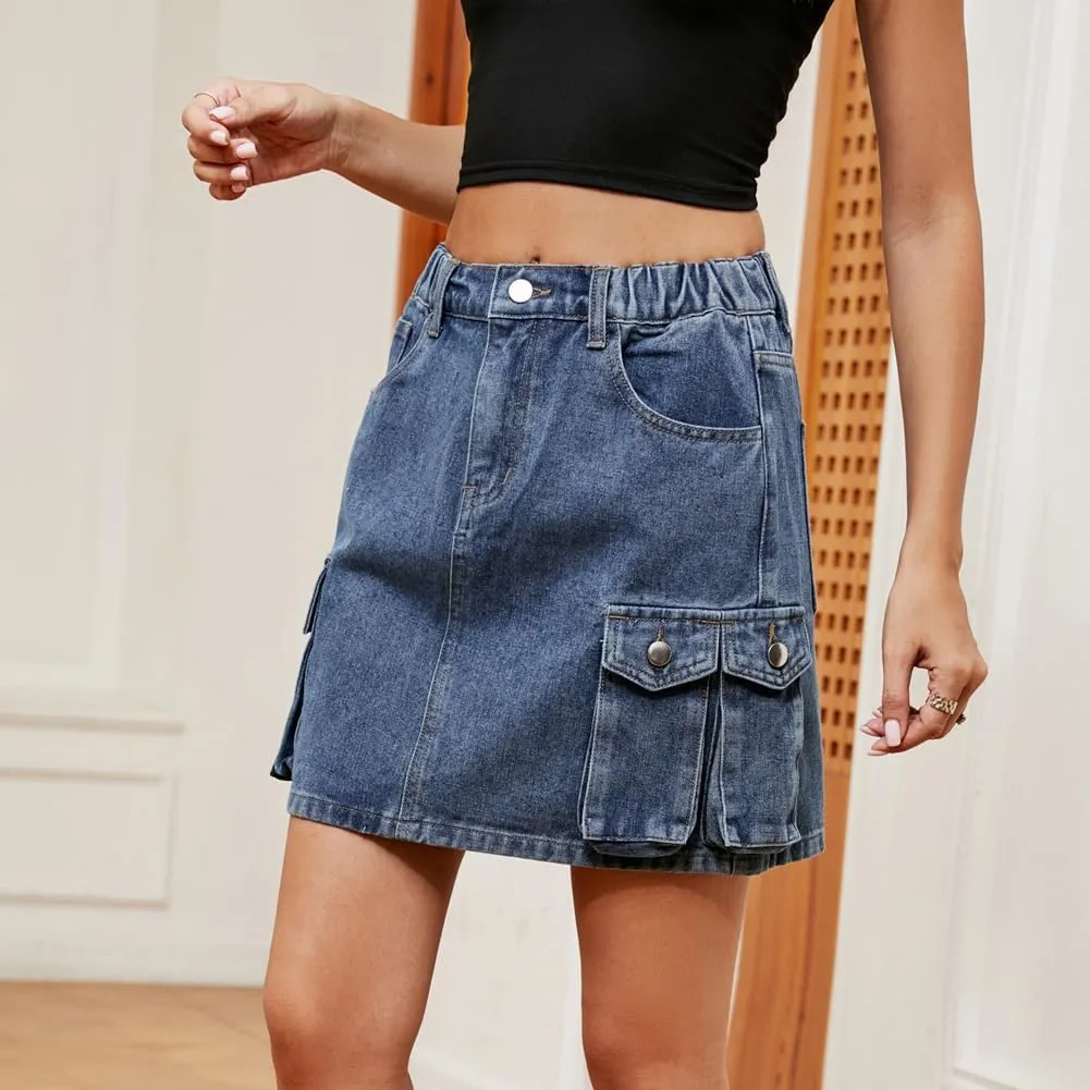 LAFOURAM Womens Denim Skirt Summer with Pockets A Line High Waisted Western Mini Jean Shorts