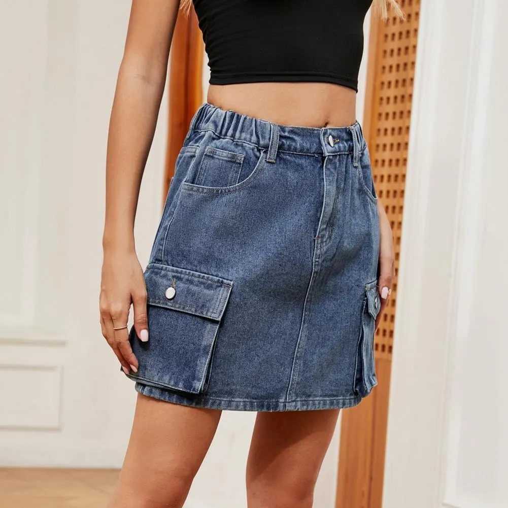 LAFOURAM Womens Denim Skirt Summer with Pockets A Line High Waisted Western Mini Jean Shorts