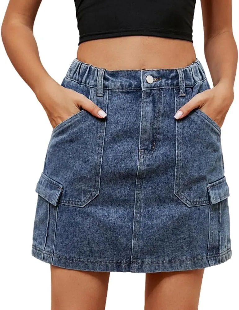 LAFOURAM Womens Denim Skirt Summer with Pockets A Line High Waisted Y2K Cargo Mini Jean Skirts