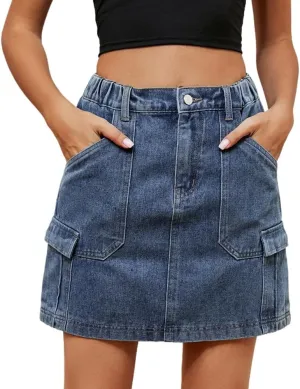 LAFOURAM Womens Denim Skirt Summer with Pockets A Line High Waisted Y2K Cargo Mini Jean Skirts