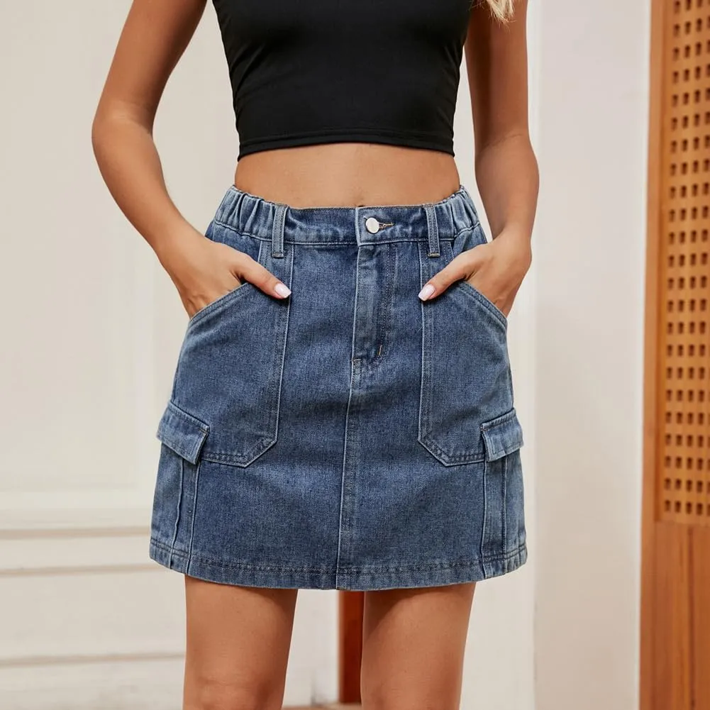 LAFOURAM Womens Denim Skirt Summer with Pockets A Line High Waisted Y2K Cargo Mini Jean Skirts