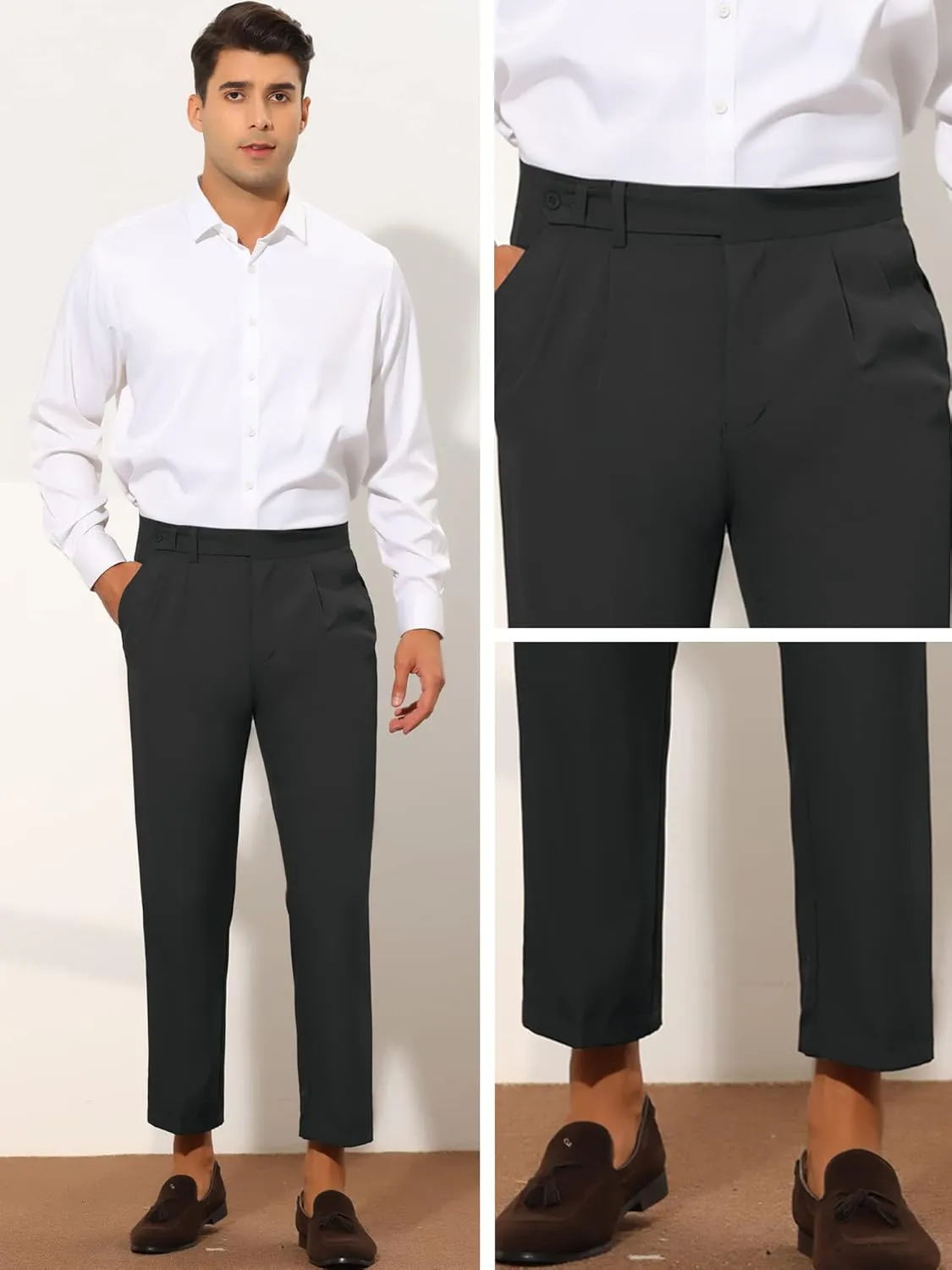 Lars Amadeus Cropped Dress Pants for Men's Slim Fit Pleated Front Solid Business Chino Trousers