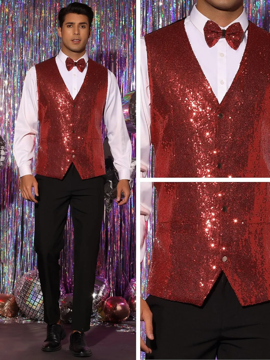 Lars Amadeus Sequins Vest for Men's V-Neck Slim Fit Shiny Disco Party Sleeveless Waistcoat Bowtie