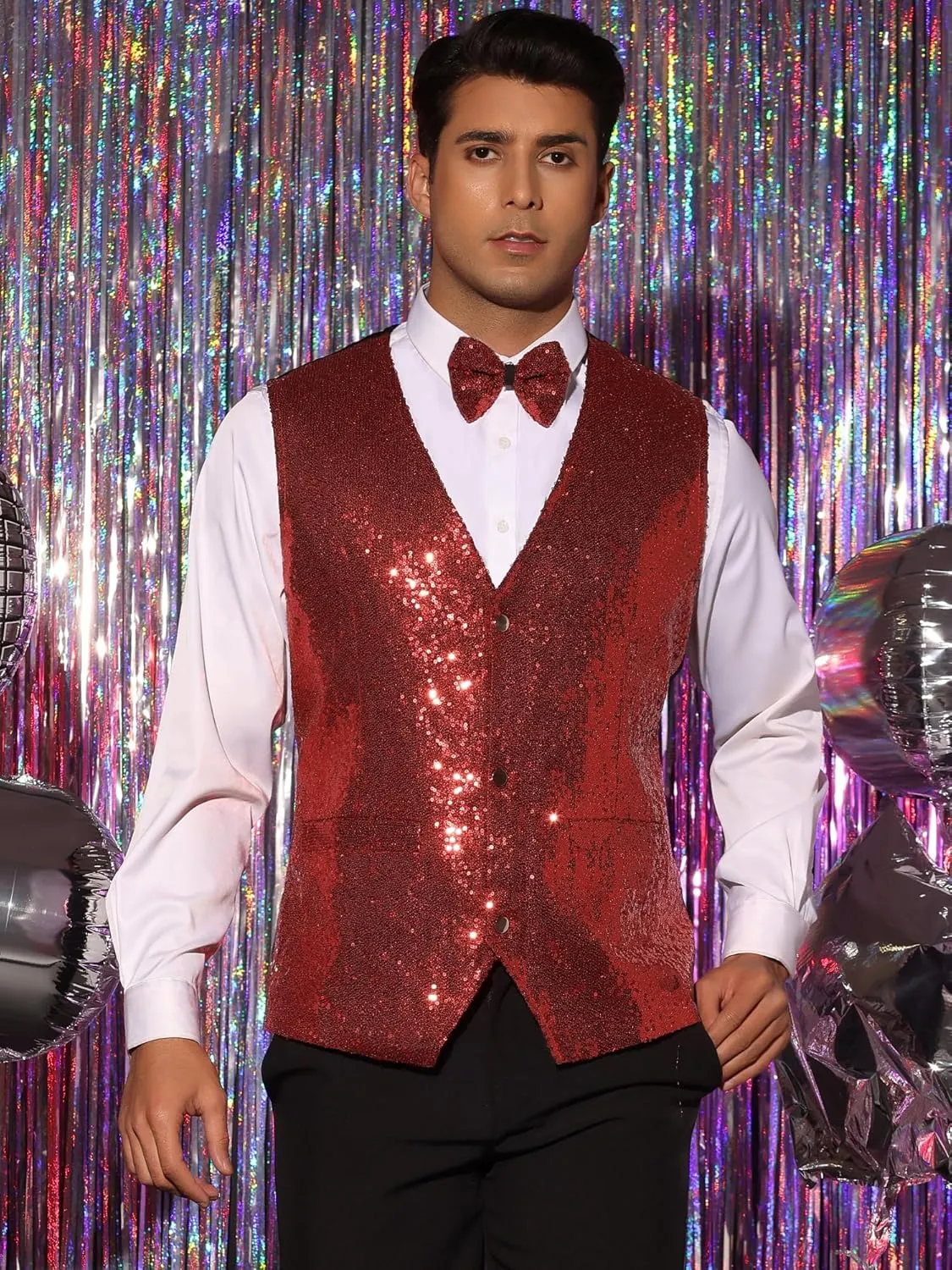 Lars Amadeus Sequins Vest for Men's V-Neck Slim Fit Shiny Disco Party Sleeveless Waistcoat Bowtie