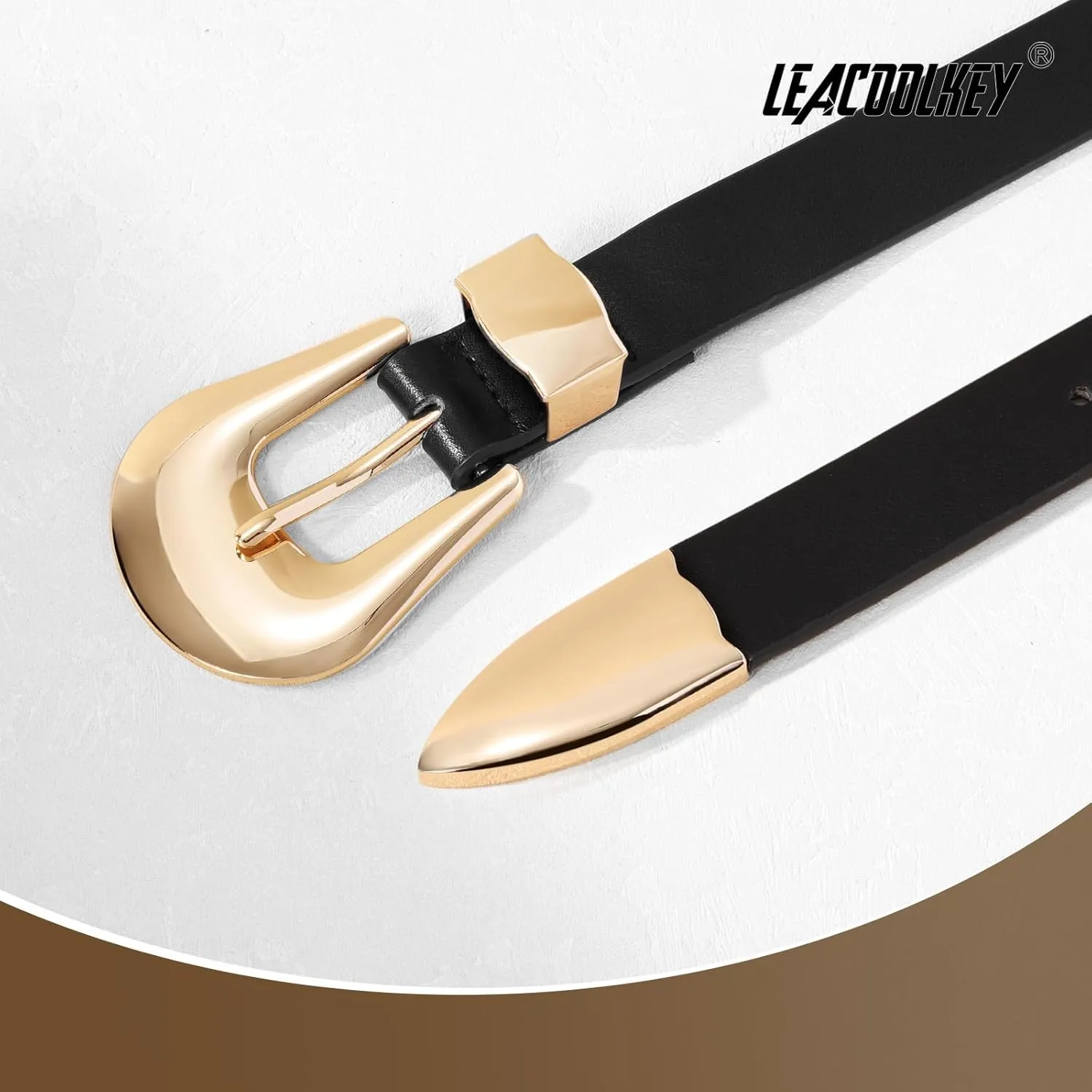 LEACOOLKEY Women Leather Belt Ladies Faux Leather Belt for Jeans Dress Fashion Silver Gold Buckle Waist Belt