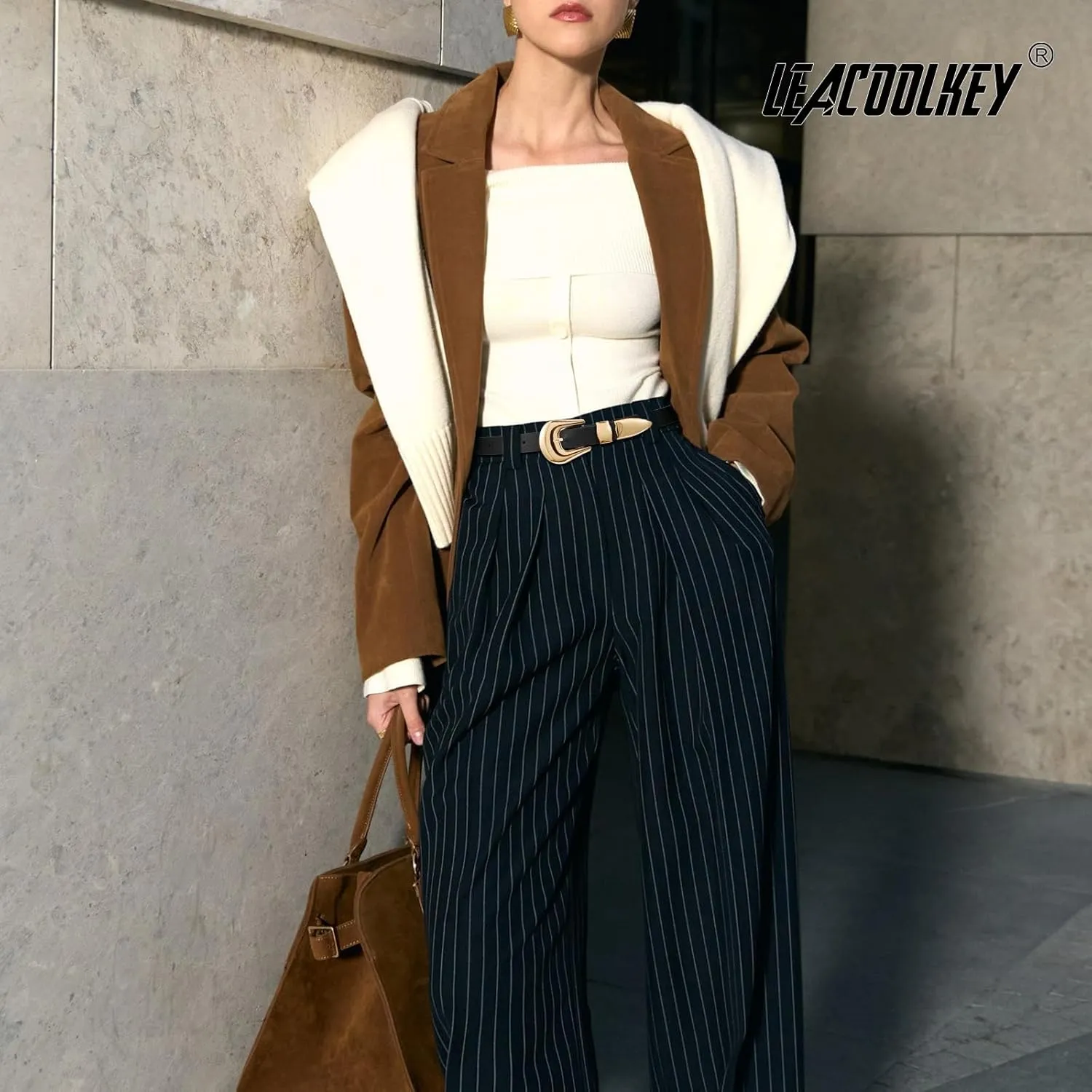 LEACOOLKEY Women Leather Belt Ladies Faux Leather Belt for Jeans Dress Fashion Silver Gold Buckle Waist Belt