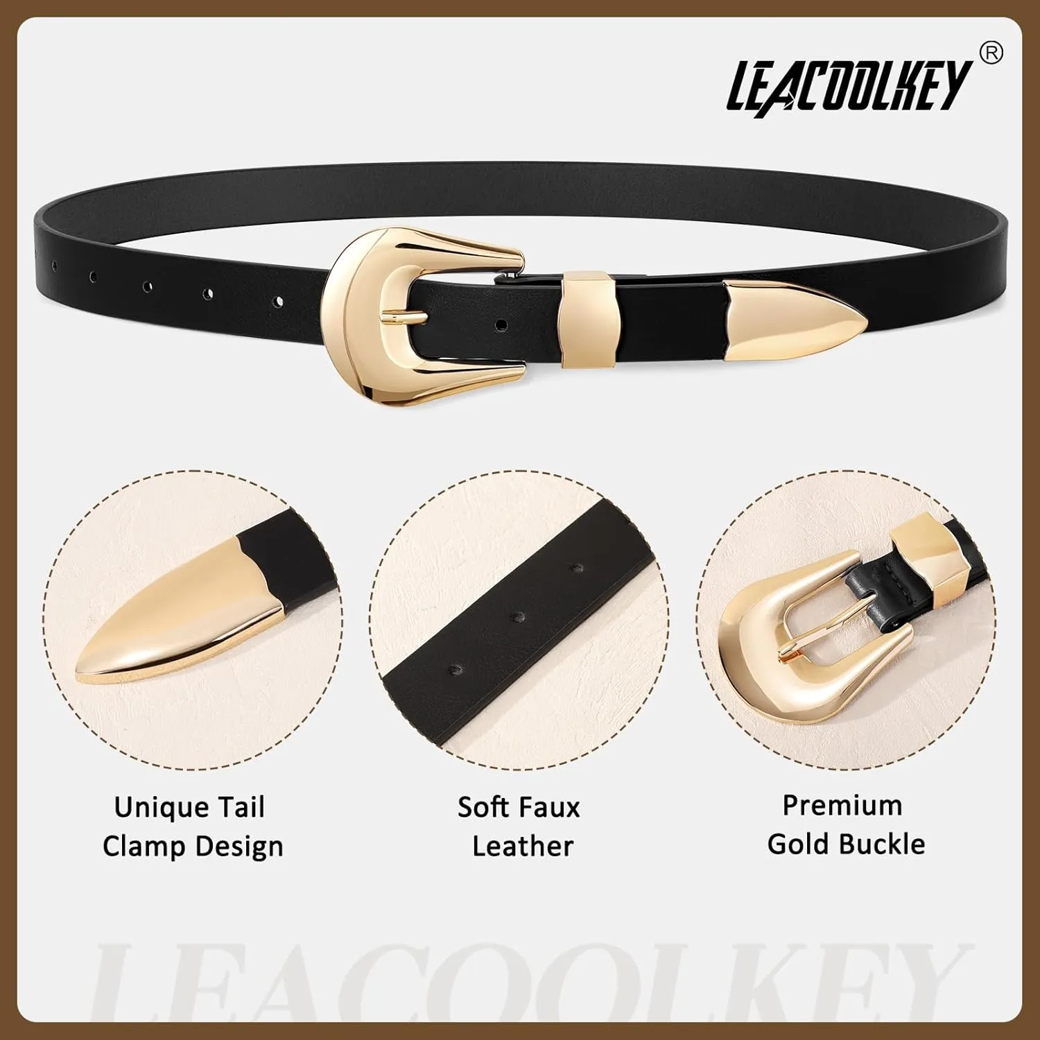 LEACOOLKEY Women Leather Belt Ladies Faux Leather Belt for Jeans Dress Fashion Silver Gold Buckle Waist Belt