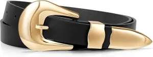 LEACOOLKEY Women Leather Belt Ladies Faux Leather Belt for Jeans Dress Fashion Silver Gold Buckle Waist Belt