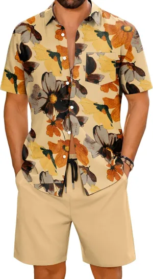 LecGee Men's 2 Piece Hawaiian Short Set Floral Button Down Shirt and Beach Shorts Summer Vacation Outfits for Men