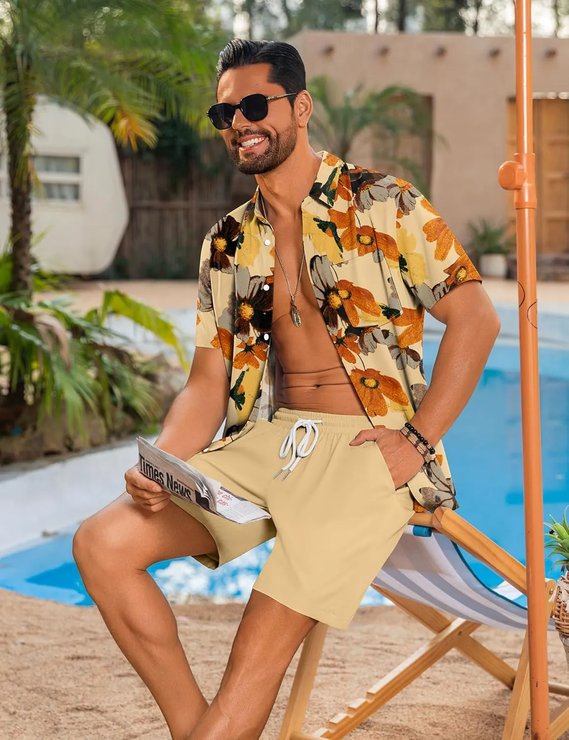 LecGee Men's 2 Piece Hawaiian Short Set Floral Button Down Shirt and Beach Shorts Summer Vacation Outfits for Men