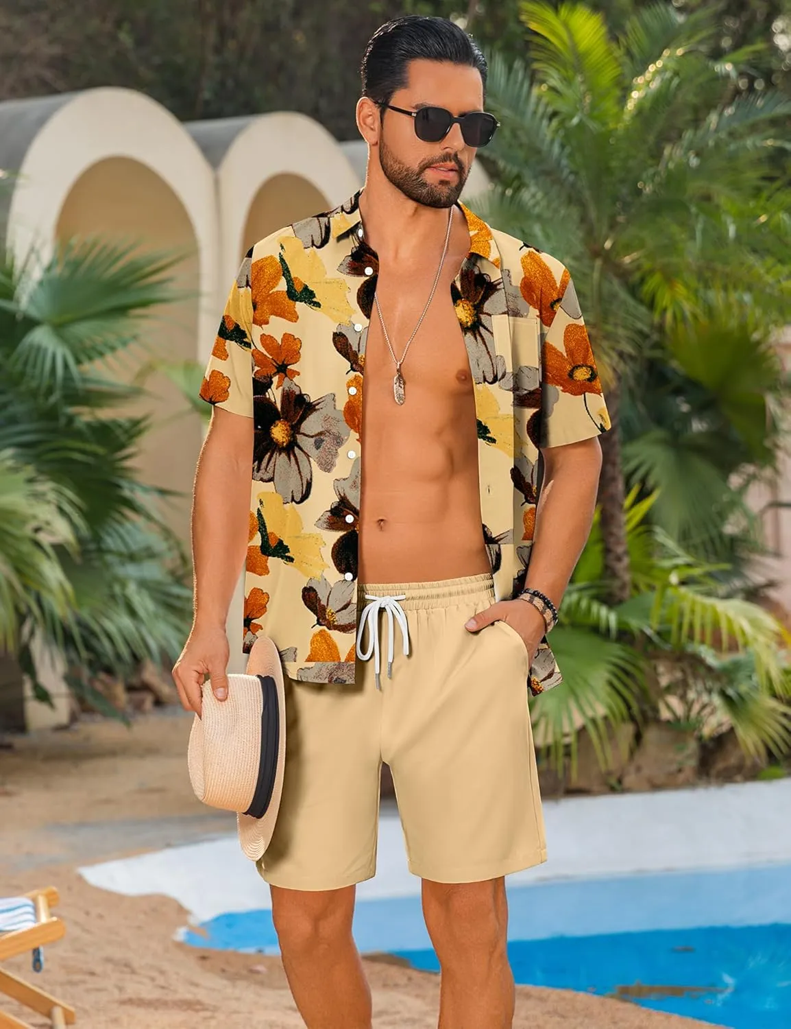 LecGee Men's 2 Piece Hawaiian Short Set Floral Button Down Shirt and Beach Shorts Summer Vacation Outfits for Men