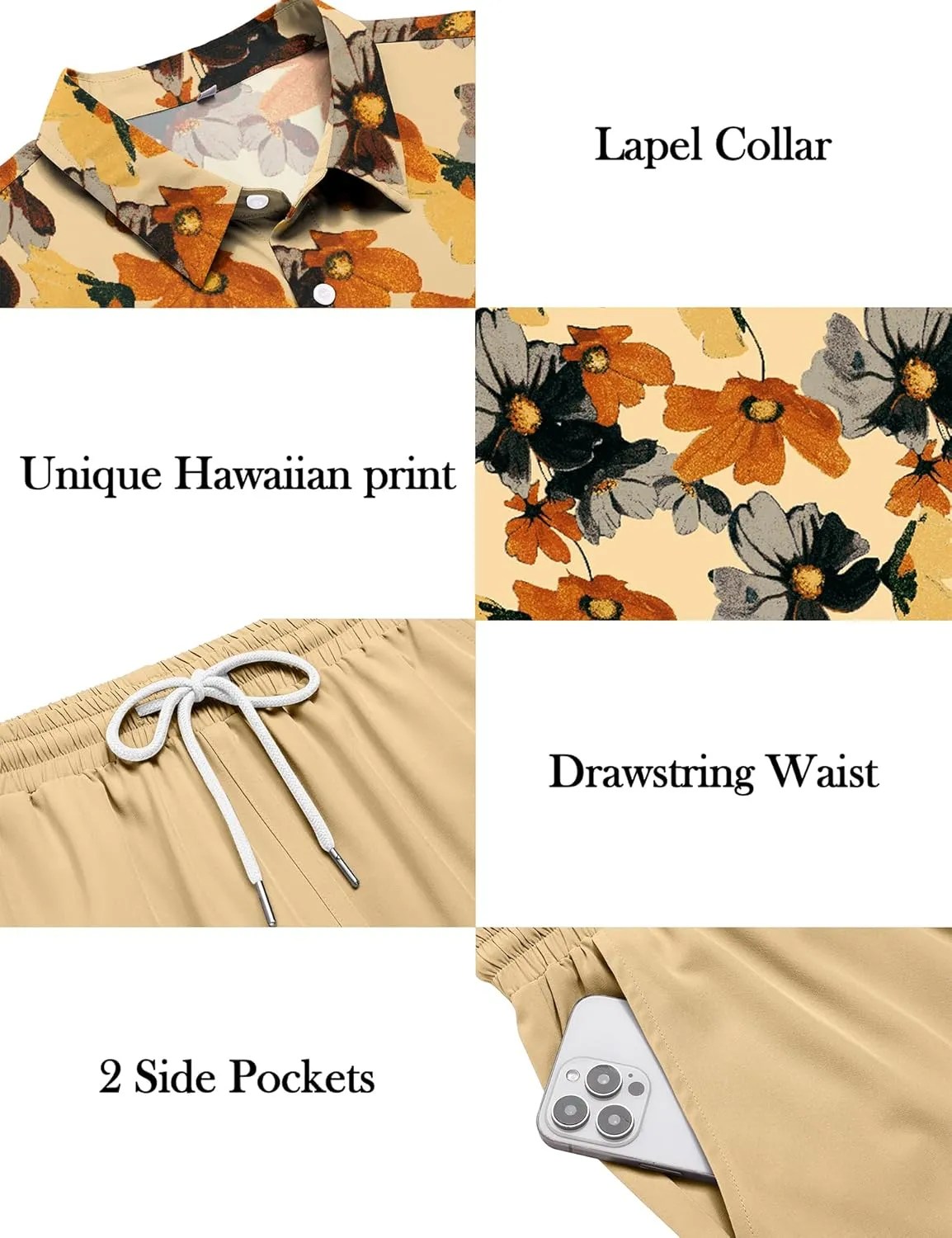 LecGee Men's 2 Piece Hawaiian Short Set Floral Button Down Shirt and Beach Shorts Summer Vacation Outfits for Men