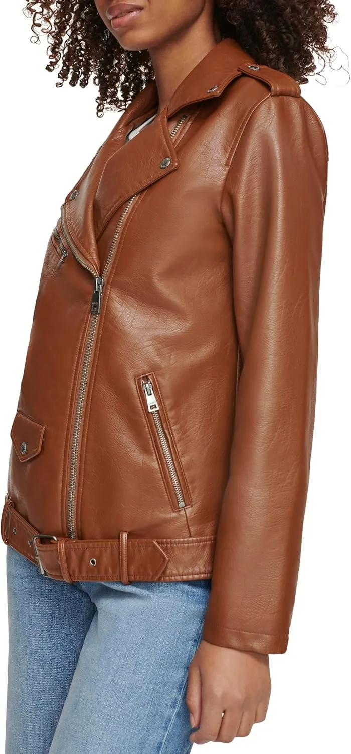 Levi's womens Oversized Faux Leather Belted Motorcycle Jacket (Standard & Plus Sizes)