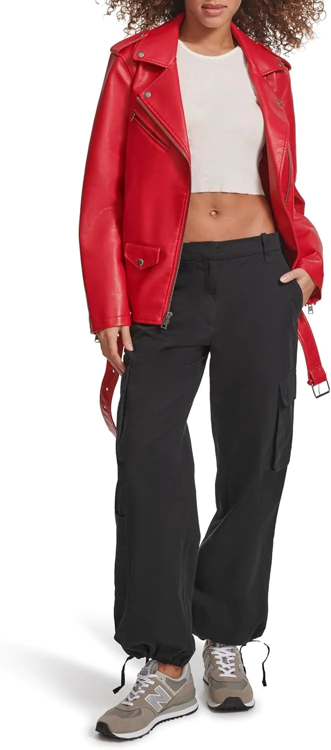 Levi's womens Oversized Faux Leather Belted Motorcycle Jacket (Standard & Plus Sizes)