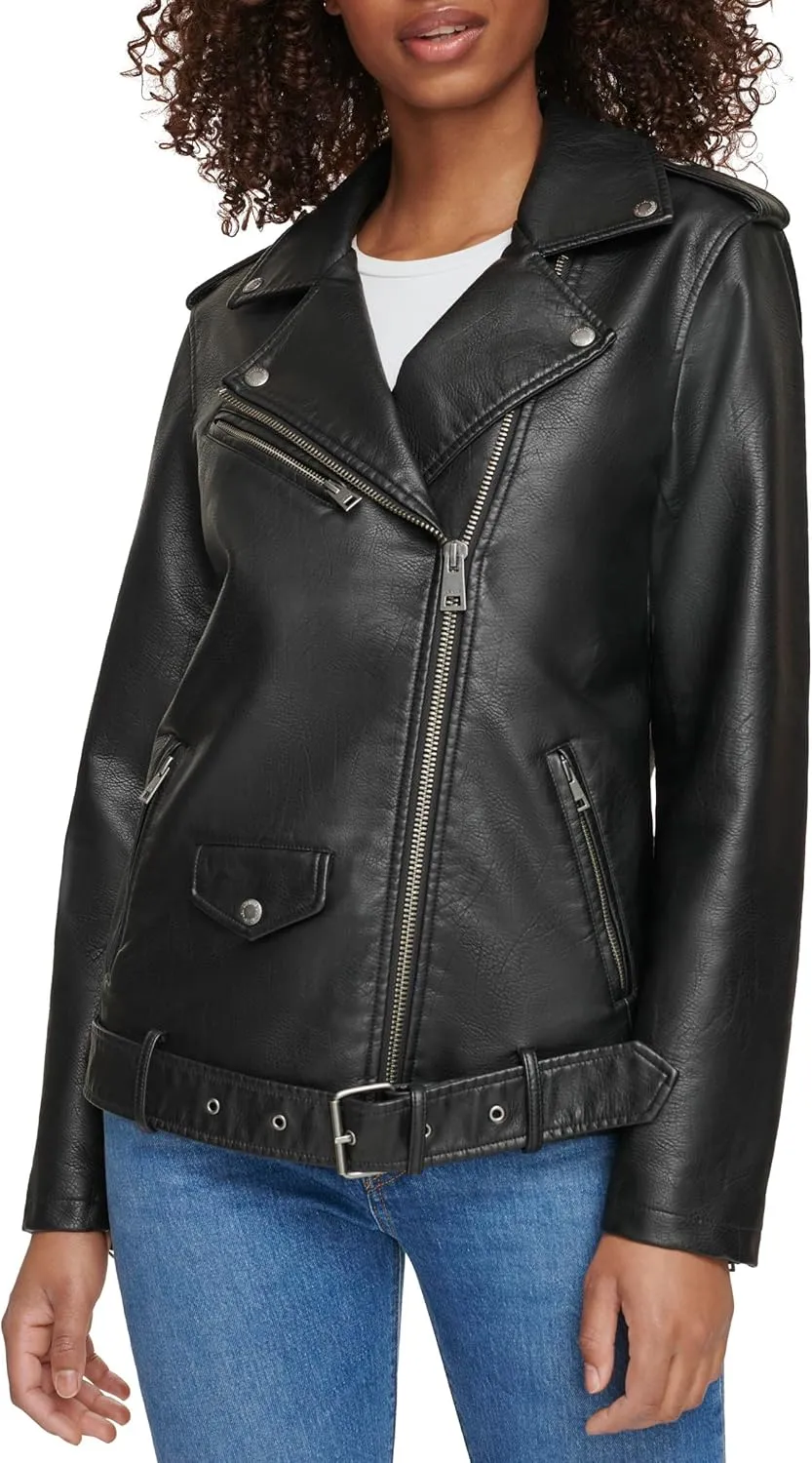 Levi's womens Oversized Faux Leather Belted Motorcycle Jacket (Standard & Plus Sizes)