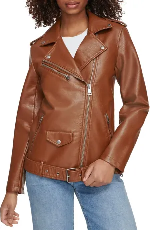 Levi's womens Oversized Faux Leather Belted Motorcycle Jacket (Standard & Plus Sizes)