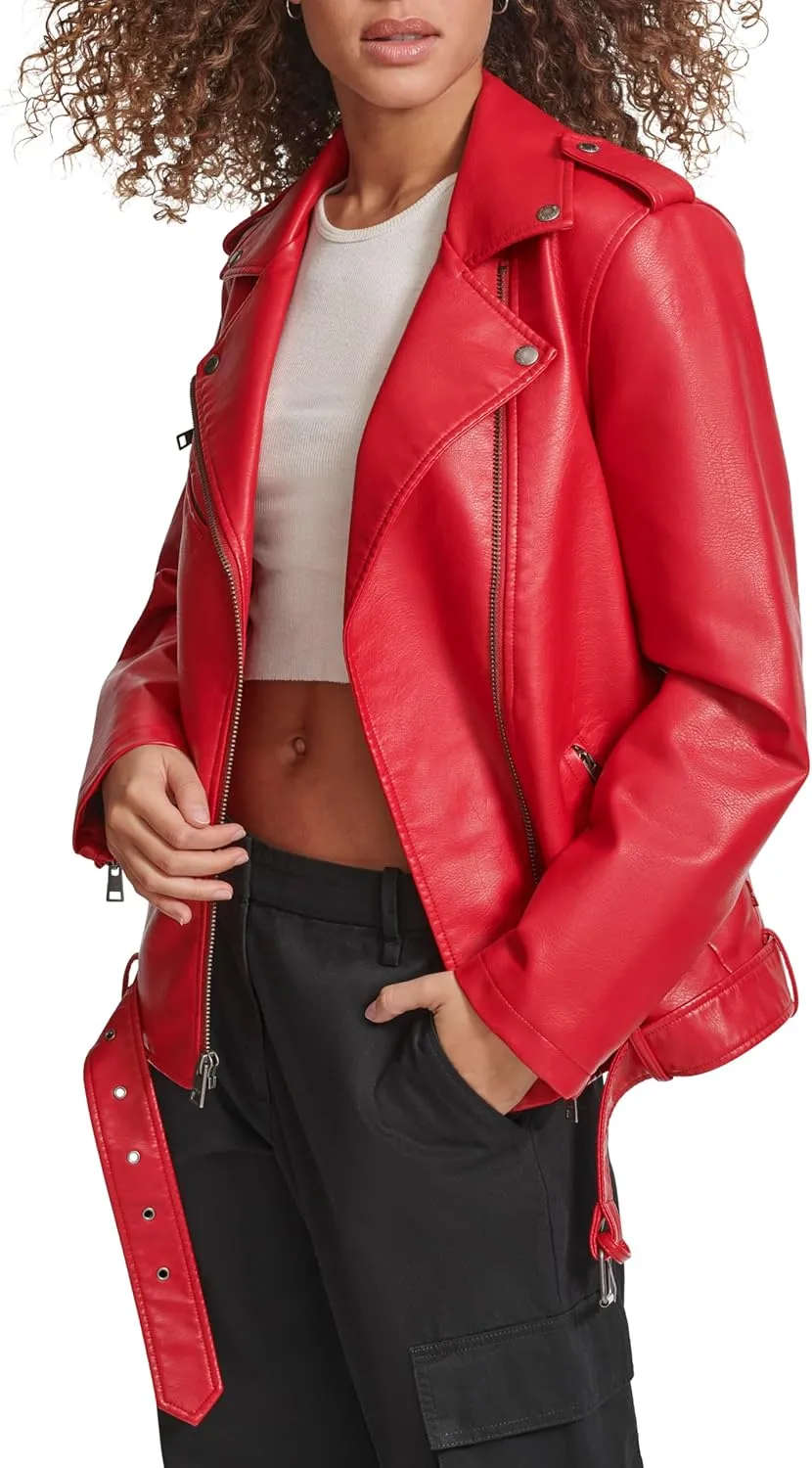 Levi's womens Oversized Faux Leather Belted Motorcycle Jacket (Standard & Plus Sizes)