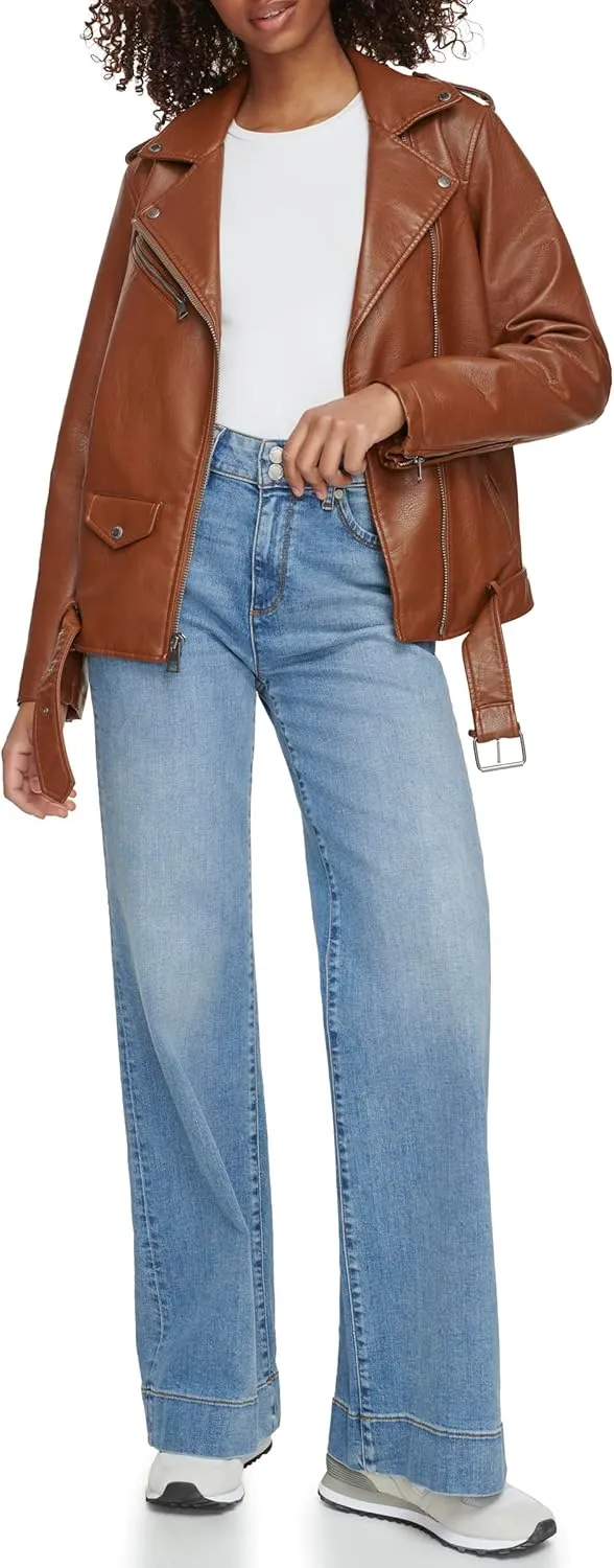Levi's womens Oversized Faux Leather Belted Motorcycle Jacket (Standard & Plus Sizes)
