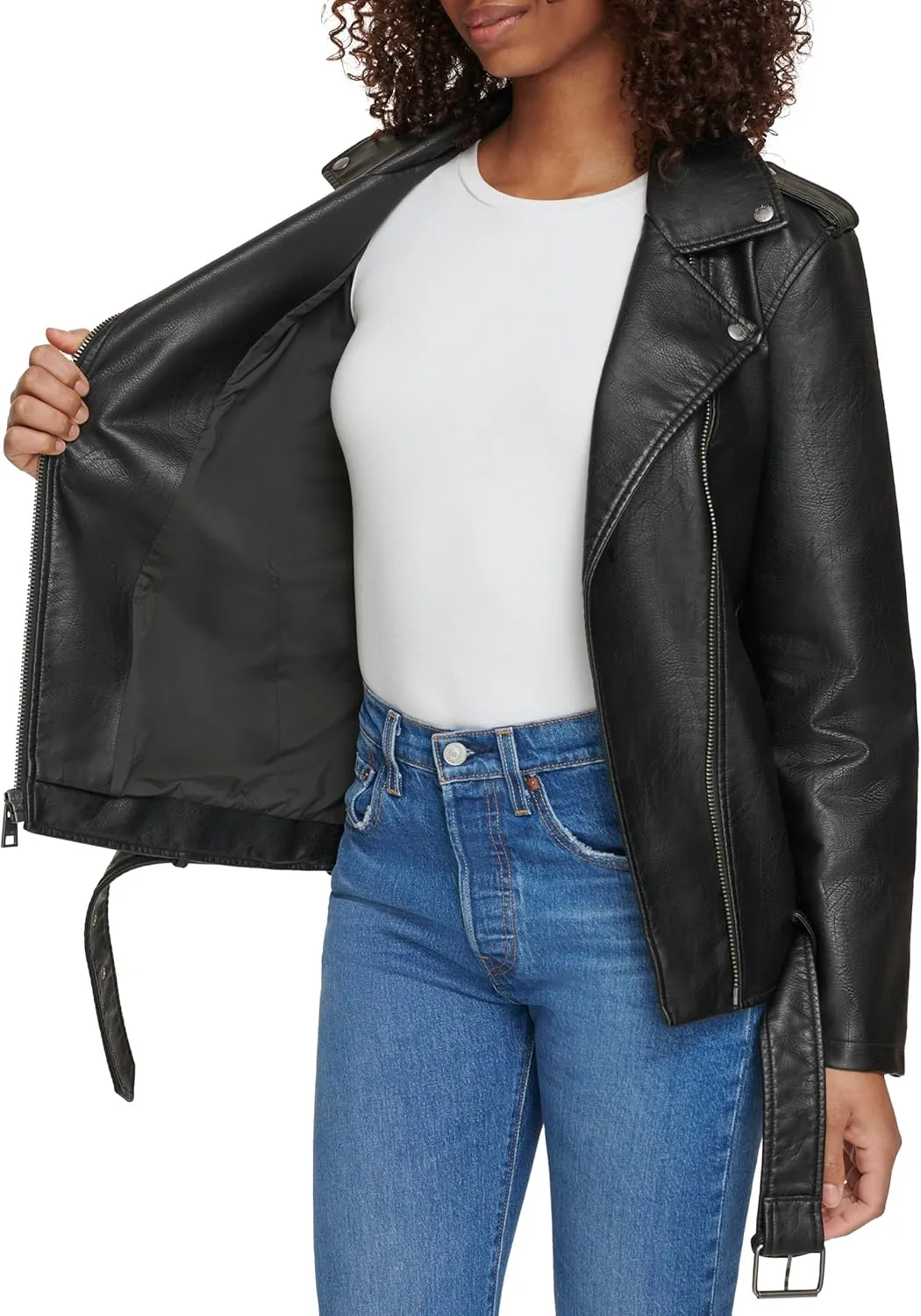 Levi's womens Oversized Faux Leather Belted Motorcycle Jacket (Standard & Plus Sizes)