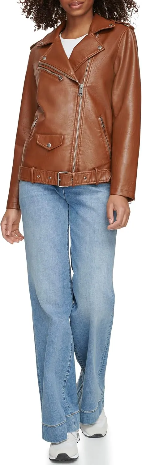 Levi's womens Oversized Faux Leather Belted Motorcycle Jacket (Standard & Plus Sizes)