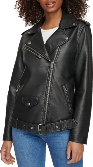 Levi's womens Oversized Faux Leather Belted Motorcycle Jacket (Standard & Plus Sizes)