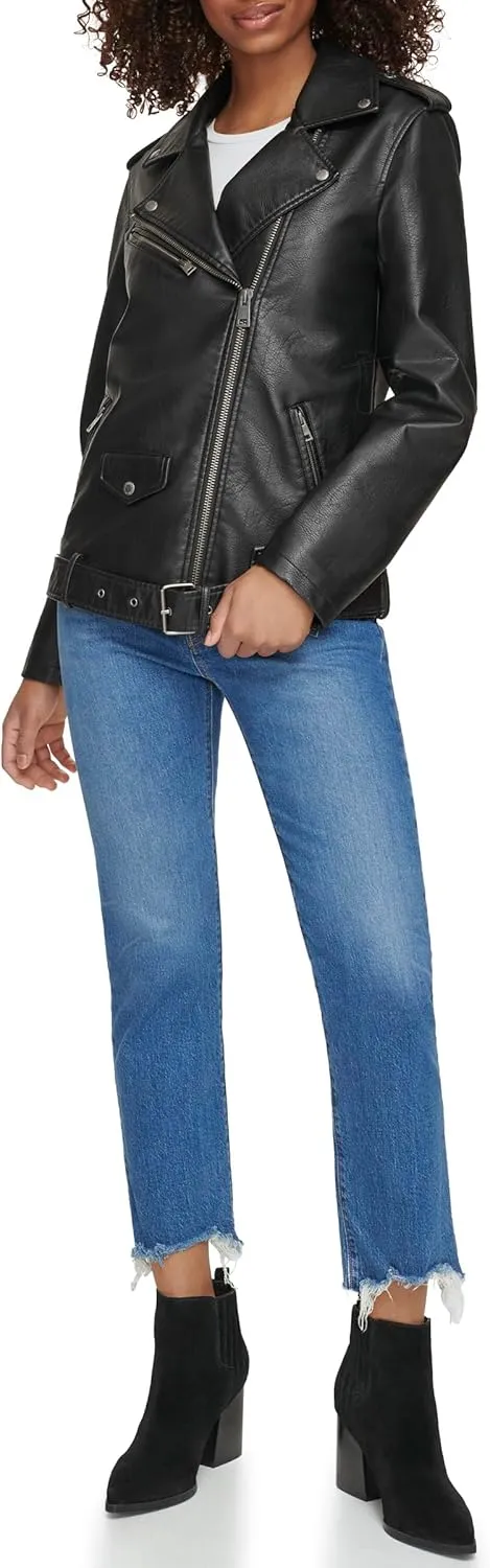 Levi's womens Oversized Faux Leather Belted Motorcycle Jacket (Standard & Plus Sizes)