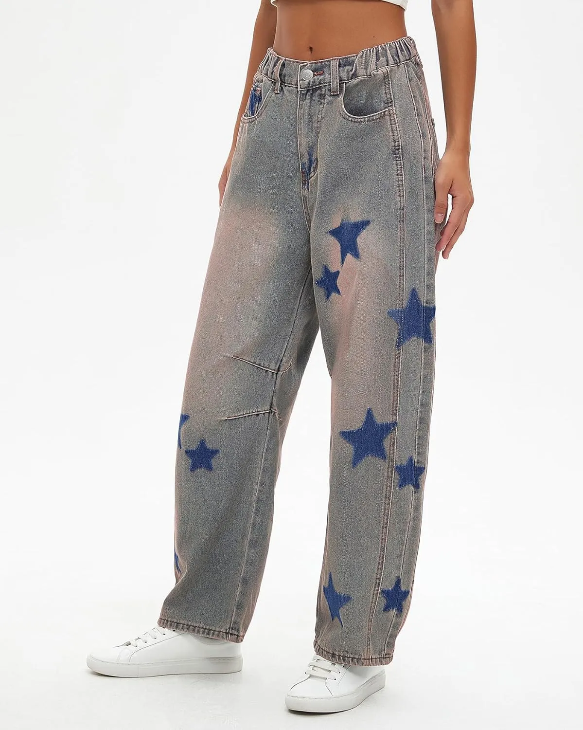 LifeShe Star Barrel Wide Leg Jeans Women Loose Printed Boyfriend Mid Rise Baggy Denim Pants