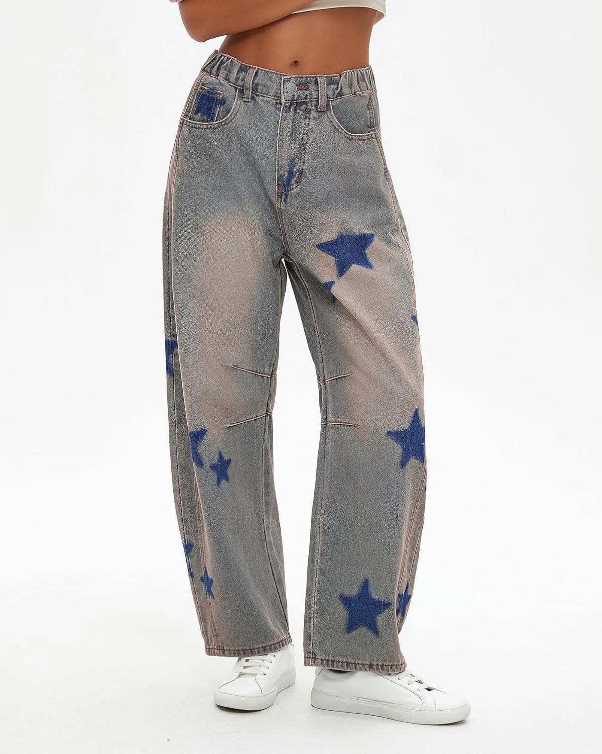 LifeShe Star Barrel Wide Leg Jeans Women Loose Printed Boyfriend Mid Rise Baggy Denim Pants