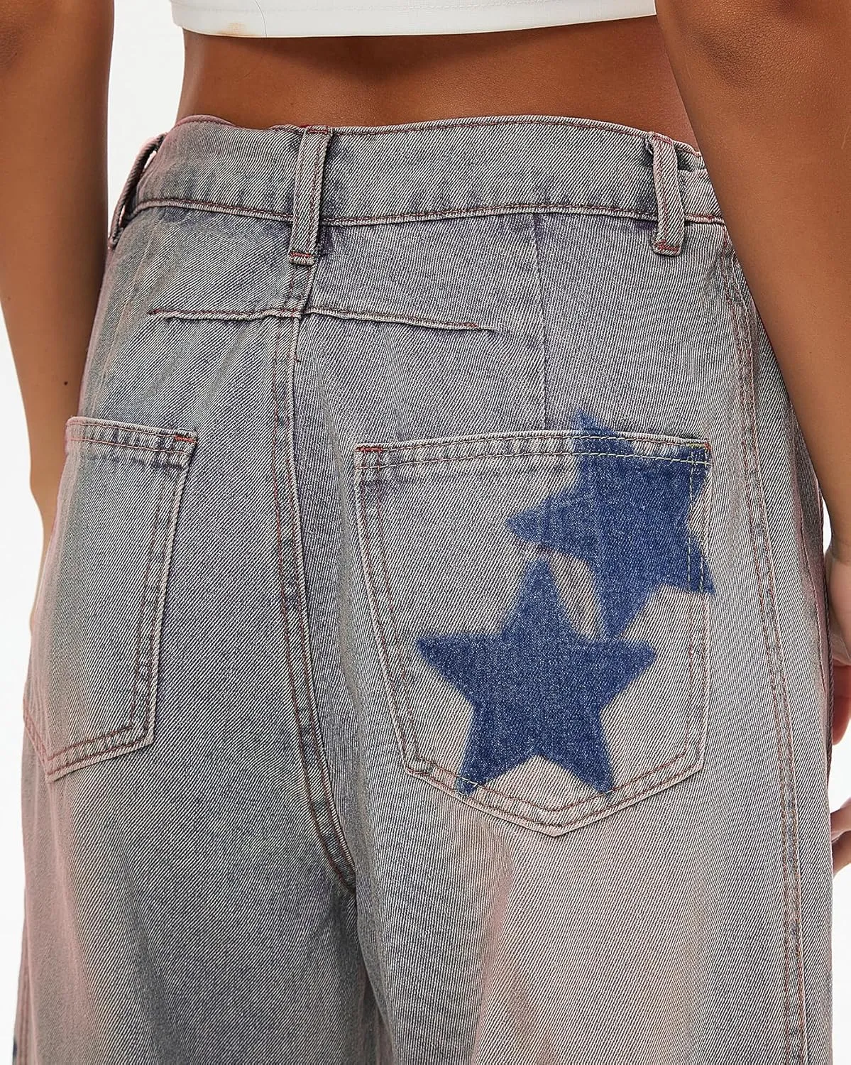 LifeShe Star Barrel Wide Leg Jeans Women Loose Printed Boyfriend Mid Rise Baggy Denim Pants