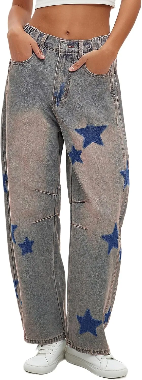 LifeShe Star Barrel Wide Leg Jeans Women Loose Printed Boyfriend Mid Rise Baggy Denim Pants