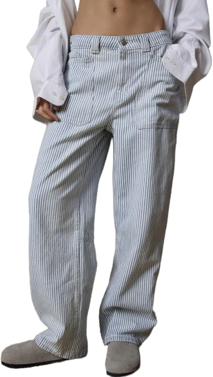 LifeShe Women Striped Baggy Barrel Jean Low Rise Straight Denim Pants Patch Pocket Barrel Trousers