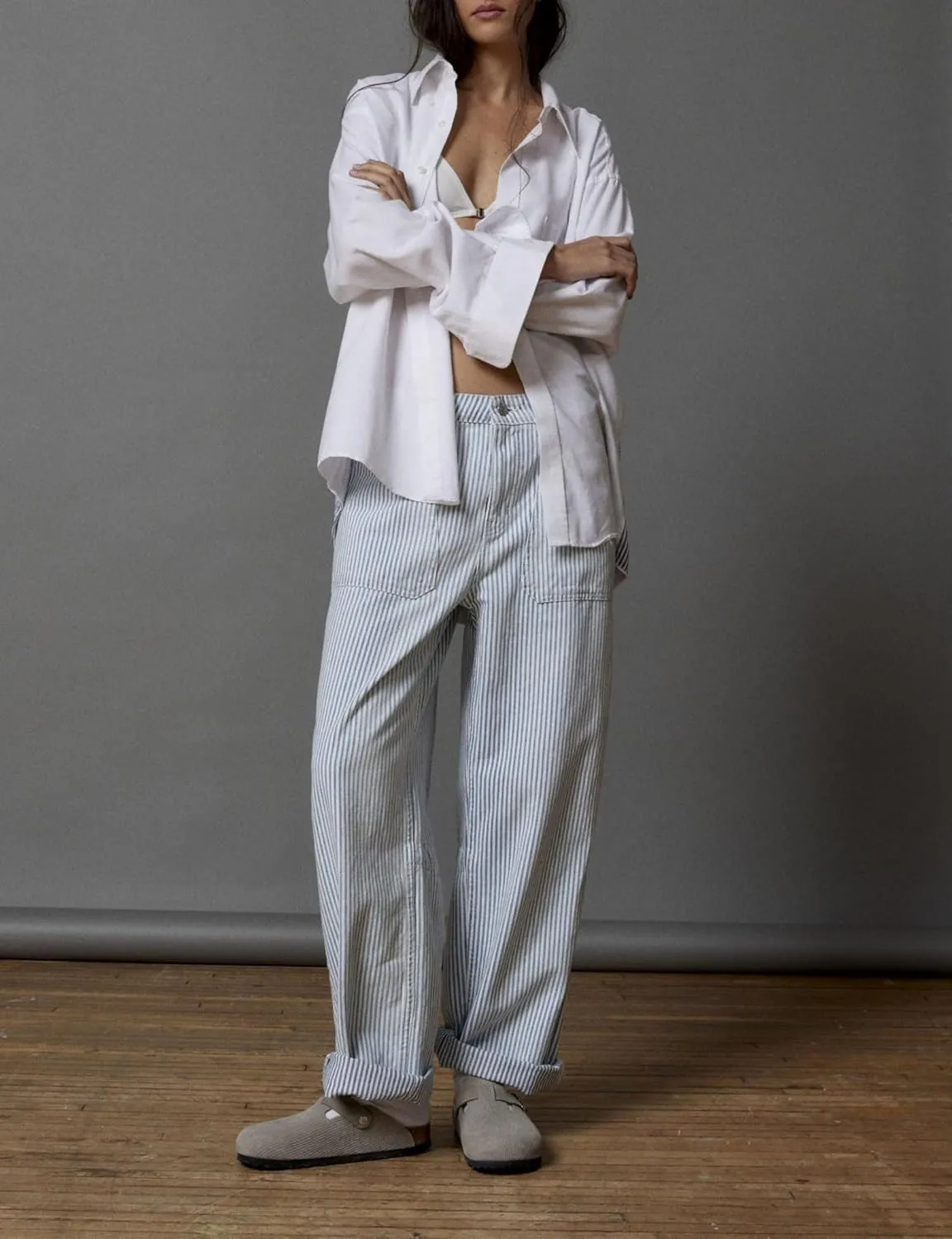 LifeShe Women Striped Baggy Barrel Jean Low Rise Straight Denim Pants Patch Pocket Barrel Trousers
