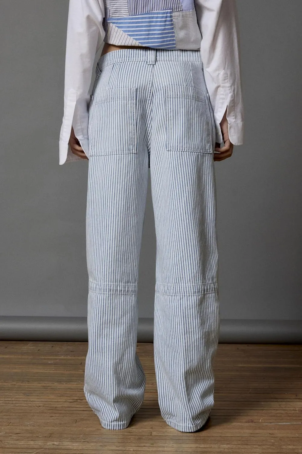 LifeShe Women Striped Baggy Barrel Jean Low Rise Straight Denim Pants Patch Pocket Barrel Trousers