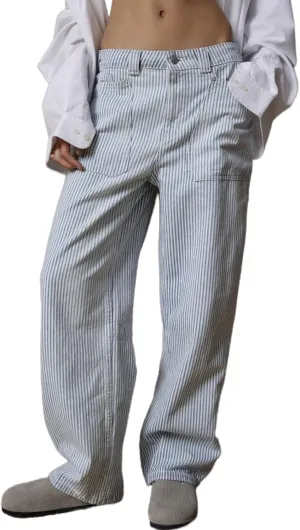 LifeShe Women Striped Baggy Barrel Jean Low Rise Straight Denim Pants Patch Pocket Barrel Trousers
