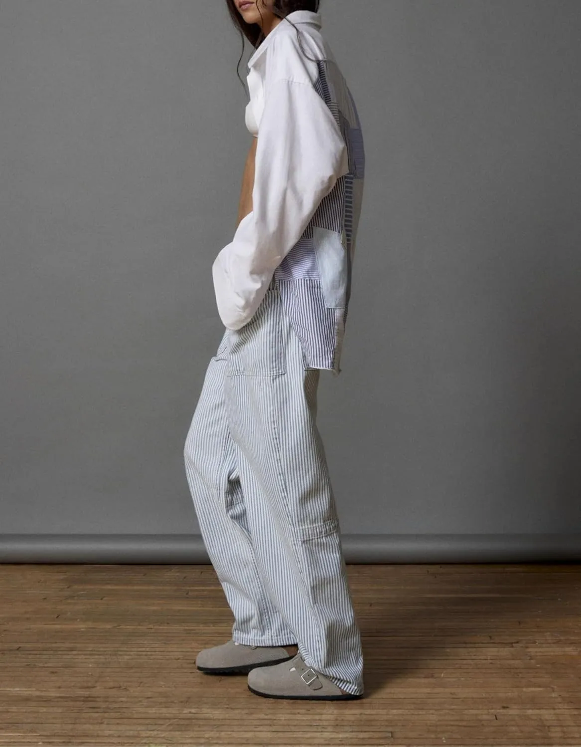 LifeShe Women Striped Baggy Barrel Jean Low Rise Straight Denim Pants Patch Pocket Barrel Trousers