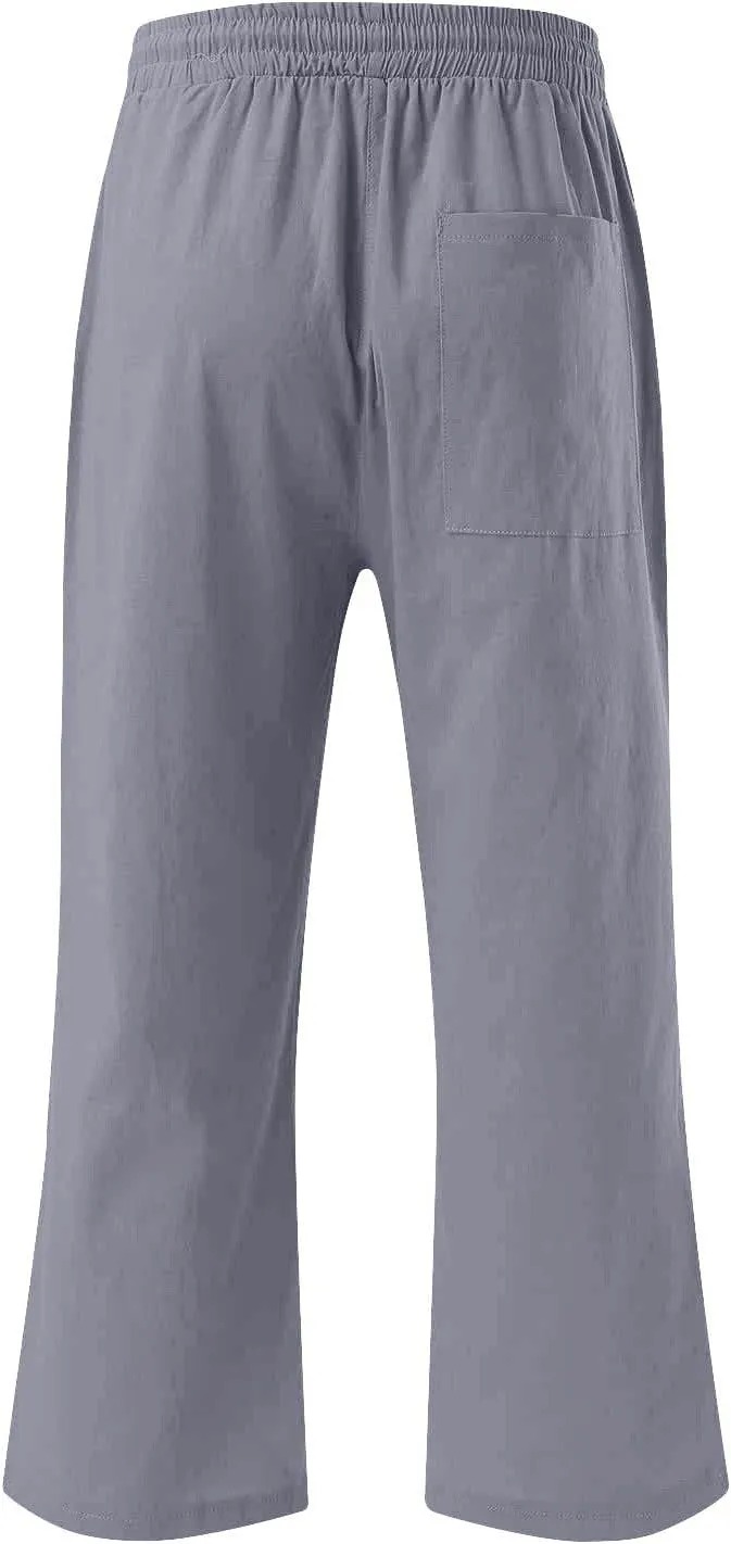 Linen Capri Pants for Women 2025 Summer Casual Elastic Waist Drawstring Pants Straight Wide Leg Cropped Trouser