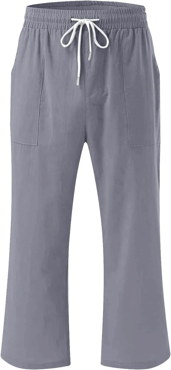 Linen Capri Pants for Women 2025 Summer Casual Elastic Waist Drawstring Pants Straight Wide Leg Cropped Trouser