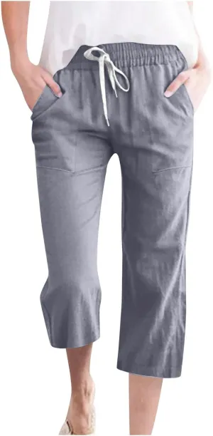 Linen Capri Pants for Women 2025 Summer Casual Elastic Waist Drawstring Pants Straight Wide Leg Cropped Trouser