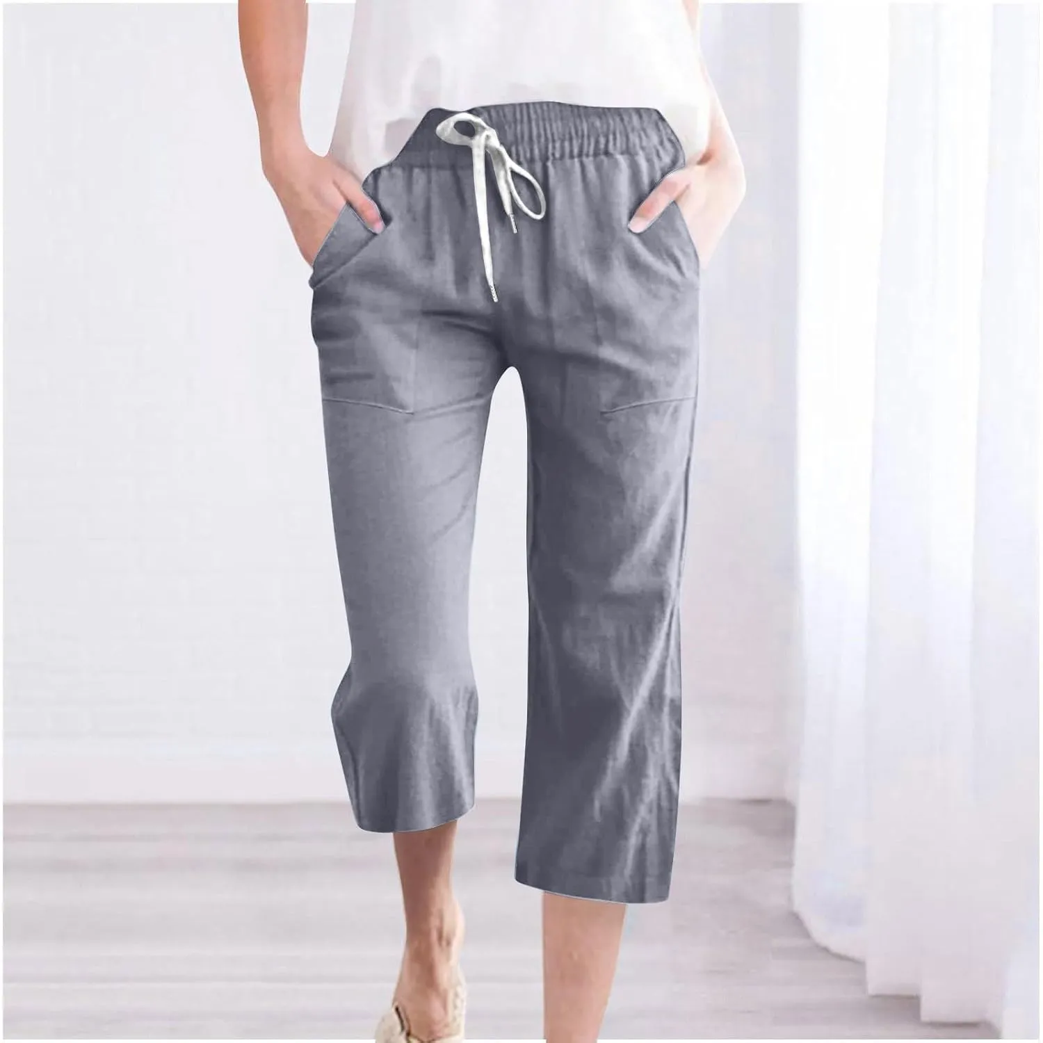 Linen Capri Pants for Women 2025 Summer Casual Elastic Waist Drawstring Pants Straight Wide Leg Cropped Trouser